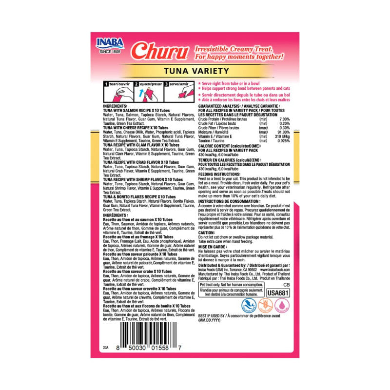 Inaba Churu Snack Gato Mix Sabor Atun, 60 Tubitos