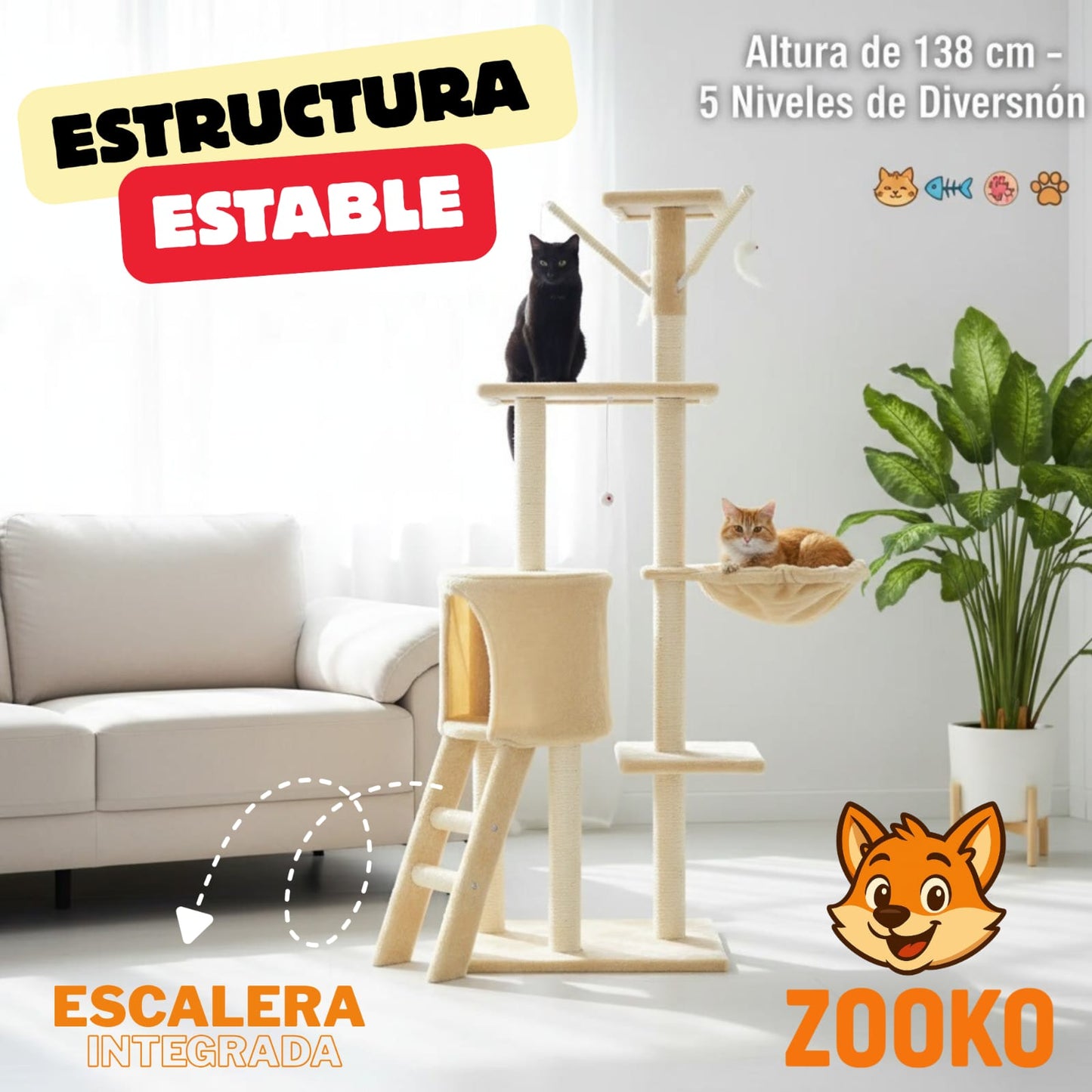 Rascador Para Gatos Torre Arbol En Sisal Con Hamaca - Zooko