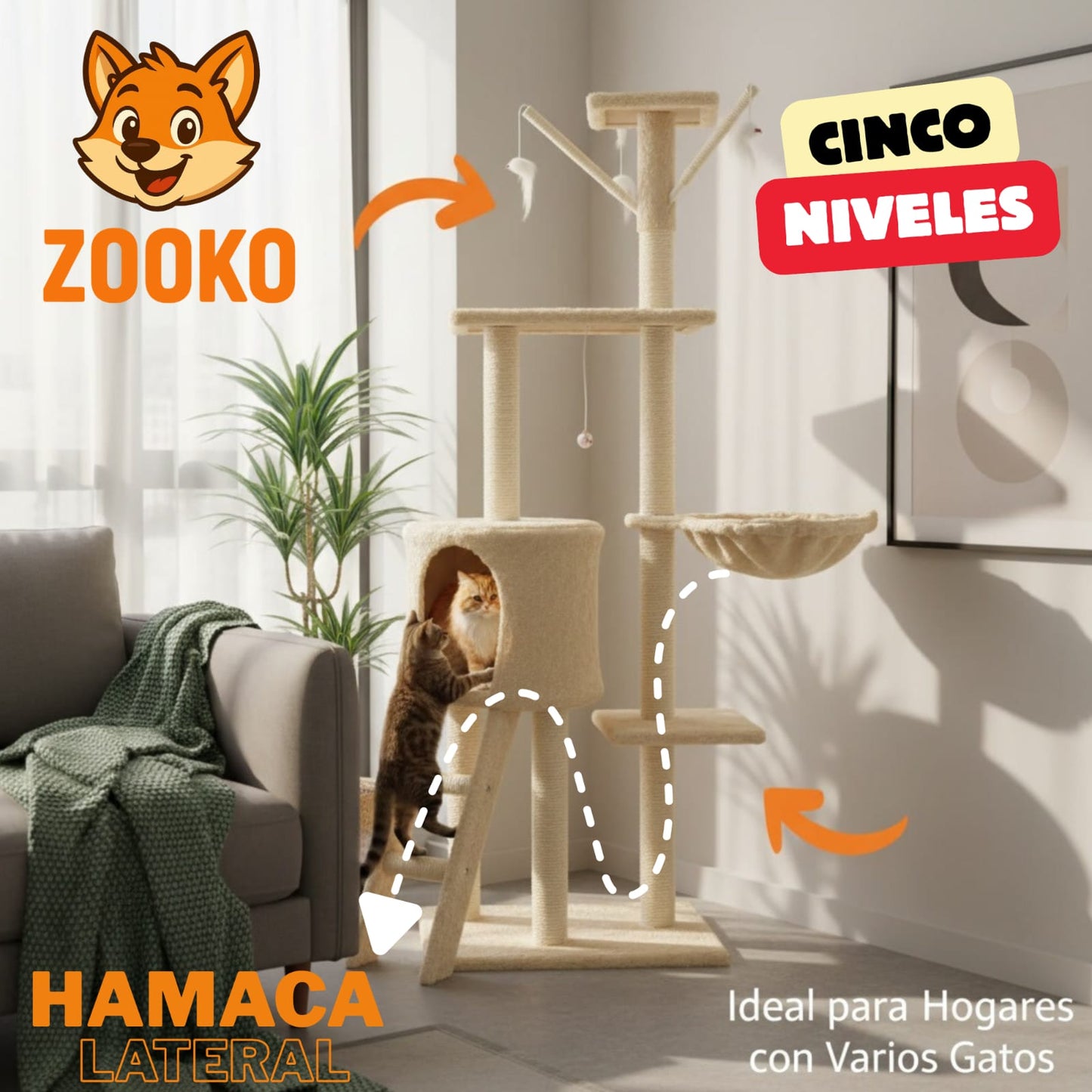 Rascador Para Gatos Torre Arbol En Sisal Con Hamaca - Zooko